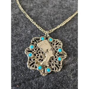 Vintage Long Silver Necklace Egyptian Nefertiti Medallion Pendant